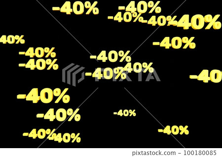 Yellow minus forty percent symbols fall down isolated on black background 3d render. Concept of discounts, sales, seasonal promotions, black friday, singles day and shopping 1111 Yellow minus forty percent symbols fall down isolated on black background 3d render. Concept of discounts, sales, seasonal promotions, black friday, singles day and shopping 1111 100180085