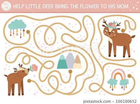 Mothers day maze for children. Holiday preschool printable educational activity. Funny family love game or puzzle with cute animals. Mother and baby labyrinth. Help little deer bring flower to mom. 100180652