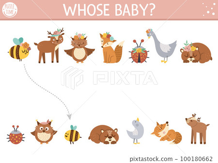 Mothers day matching activity for children with moms and children. Fun puzzle with cute mother animals and their babies. Holiday educational game. Printable worksheet for kids. Mothers day matching activity for children with moms and children. Fun puzzle with cute mother animals and their babies. Holiday educational game. Printable worksheet for kids. 100180662