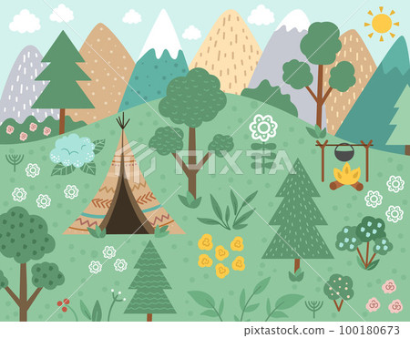Vector forest scene with wigwam, fire, mountains. Spring or summer woodland scenery with trees and plants. Wild nature landscape illustration or background. 100180673