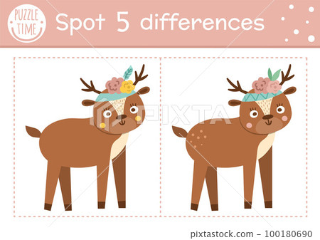 Find differences game for children. Woodland educational activity with funny deer. Printable worksheet with cute animal. Spring nature puzzle for kids. Forest preschool sheet Find differences game for children. Woodland educational activity with funny deer. Printable worksheet with cute animal. Spring nature puzzle for kids. Forest preschool sheet 100180690