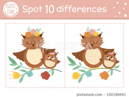 Mothers day find differences game for children. Holiday educational activity with funny baby owl and his mother. Printable worksheet with cute characters. Spring puzzle for kids. 100180691