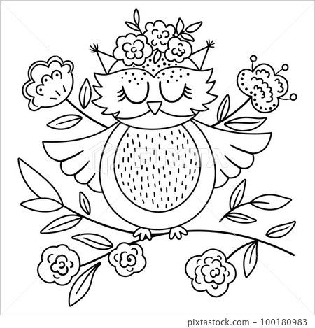 Vector bohemian owl with flowers on head. Woodland black and white bird isolated on white background. Boho forest floral composition with animal. Forest coloring page. 100180983