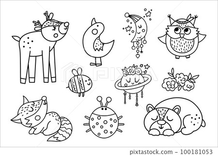 Vector black and white woodland baby animals, insects and birds collection. Boho line forest set. Bohemian little fox, owl, bear, deer, ladybug, goose with flowers, planet, half moon. 100181053