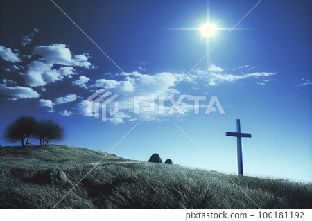 Good Friday banner and Poster with silhouetted dark image of the Crucifixion of Jesus Christ and the two thieves on Golgotha or Calvary. Generative AI 100181192