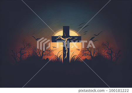 Good Friday banner and Poster with silhouetted dark image of the Crucifixion of Jesus Christ and the two thieves on Golgotha or Calvary. Generative AI 100181222
