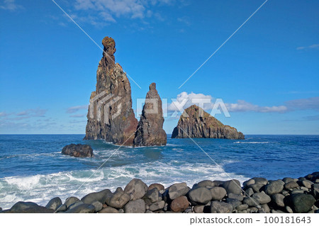 Unusual rock formations and rocky beach on Madeira island. 100181643