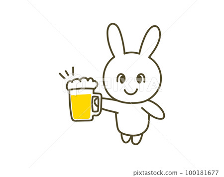 A pop rabbit toasting with a draft beer full of bubbles_plain background A pop rabbit toasting with a draft beer full of bubbles_plain background 100181677