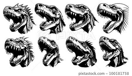 Set of tattoos or logos in the form of tyrannosaur heads 100181738
