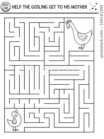 Mothers day black and white maze for children. Holiday preschool printable activity. Funny family love line game or coloring page with cute birds. Mother and baby labyrinth. Help goose get to mom 100181995