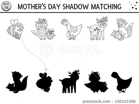 Mothers day black and white shadow matching activity for children. Fun spring line coloring page with cute mother and baby animals. Family love game for kids. Find correct silhouette printable. 100181996