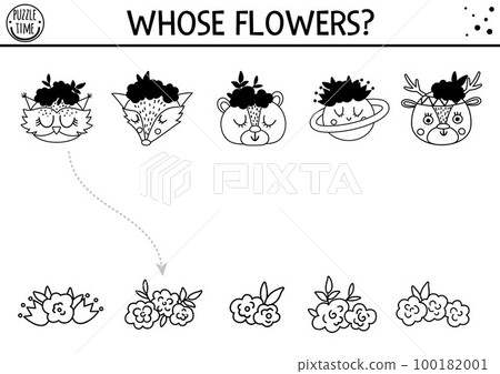 Mothers day black and white shadow matching activity for children with cute animal and flowers on heads. Fun line game with forest animals for kids. Find correct silhouette printable worksheet. 100182001