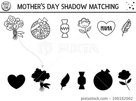 Mothers day black and white shadow matching activity for children with presents. Fun spring line coloring page. Family love game for kids. Find correct silhouette printable worksheet. 100182002