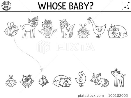 Mothers day black and white matching activity for children with moms and children. Fun line coloring page with cute mother animals and their babies. Holiday game. Printable worksheet for kids. 100182003