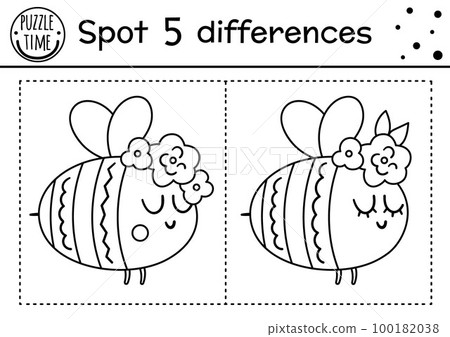 Forest find differences game for children with cute bumblebee. Woodland black and white activity and coloring page with insect. Spring printable worksheet. 100182038
