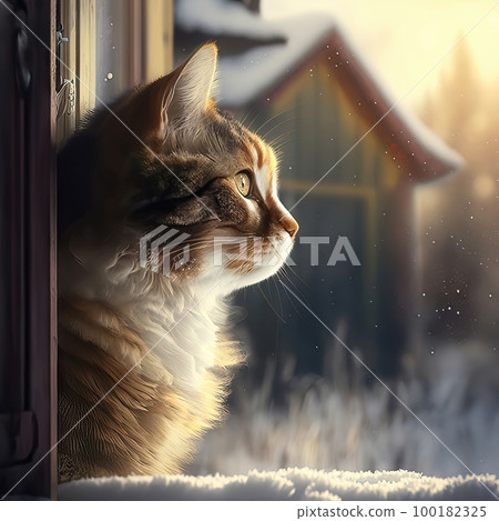 AI generated The cat is standing in front of the door. Winter landscape. AI generated The cat is standing in front of the door. Winter landscape. 100182325