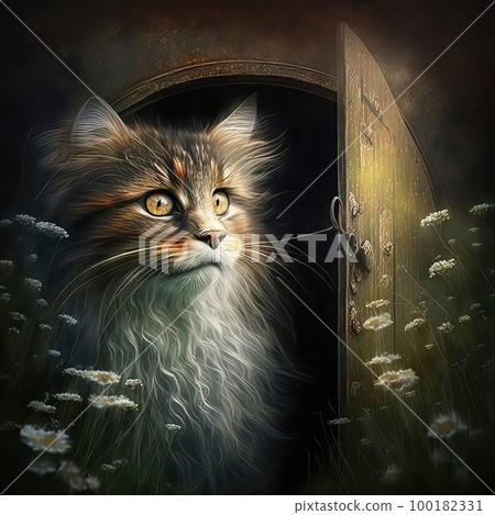 AI generated Fantasy portrait of a beautiful cat in front of a door AI generated Fantasy portrait of a beautiful cat in front of a door 100182331