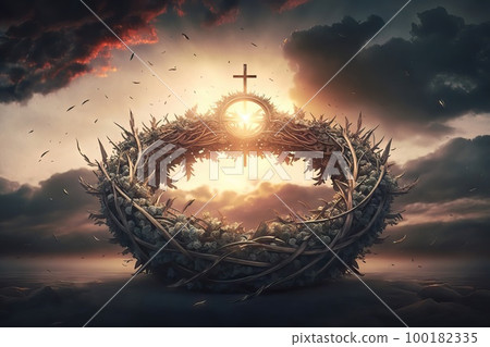 AI generated Wreath crown with cross and sun in the sky 100182335