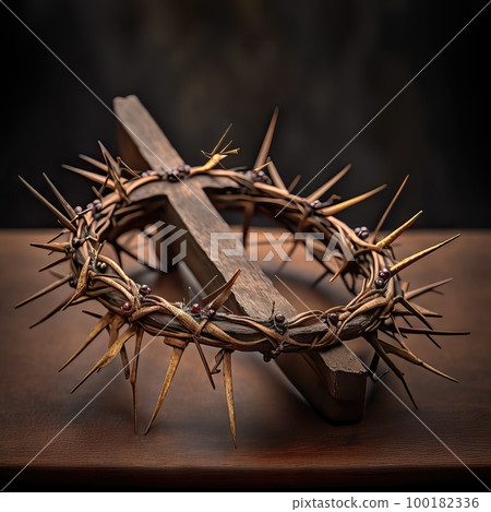 AI generated Crown of thorns and wooden cross on a dark background AI generated Crown of thorns and wooden cross on a dark background 100182336