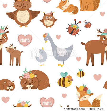 Vector seamless pattern with cute boho baby animals and parents. Funny woodland animal repeating background. Mothers Day digital paper. Mother and child texture, family love concept. Vector seamless pattern with cute boho baby animals and parents. Funny woodland animal repeating background. Mothers Day digital paper. Mother and child texture, family love concept. 100182395