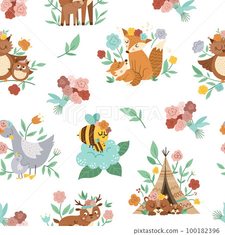 Vector seamless pattern with flowers, cute boho baby animals and parents. Funny woodland animal repeating background. Mothers Day digital paper. Mother and child texture, family love concept. Vector seamless pattern with flowers, cute boho baby animals and parents. Funny woodland animal repeating background. Mothers Day digital paper. Mother and child texture, family love concept. 100182396