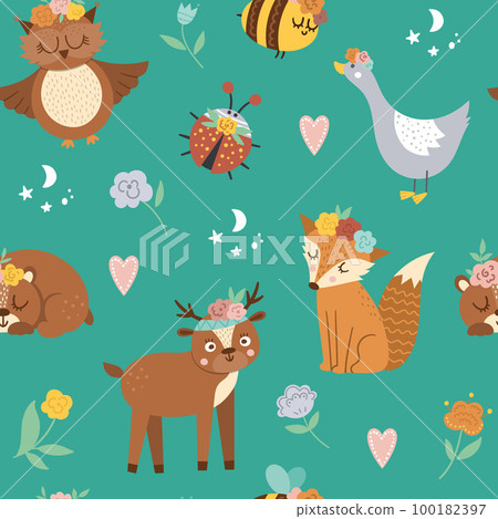 Vector seamless pattern with woodland animals, insects and birds. Boho forest repeating background. Bohemian digital paper with fox, owl, bear, deer, ladybug, goose with flowers on heads. 100182397