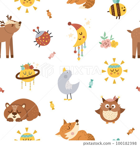 Vector seamless pattern with woodland baby animals half moon, planet, sun. Boho forest repeating background. Bohemian digital paper with little fox, owl, bear, deer, ladybug. Vector seamless pattern with woodland baby animals half moon, planet, sun. Boho forest repeating background. Bohemian digital paper with little fox, owl, bear, deer, ladybug. 100182398