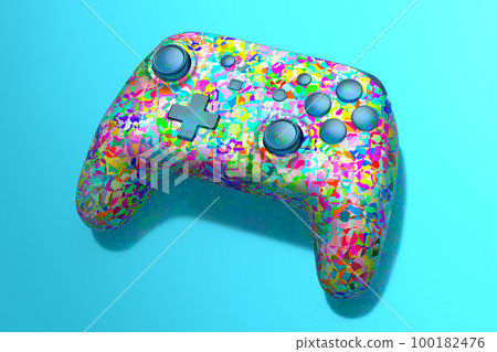 Realistic video game joystick with mosaic seamless pattern on blue background 100182476