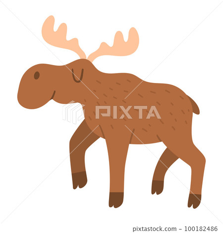 Vector cartoon moose. Funny woodland animal. Cute forest illustration for kids isolated on white background. Adorable walking elk icon Vector cartoon moose. Funny woodland animal. Cute forest illustration for kids isolated on white background. Adorable walking elk icon 100182486