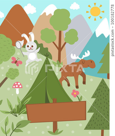 Summer camp card with cute forest animals, tent and wooden sign board. Vector square print template with rabbit, moose, trees, mountains. Active holidays or local tourism design for postcards, ads Summer camp card with cute forest animals, tent and wooden sign board. Vector square print template with rabbit, moose, trees, mountains. Active holidays or local tourism design for postcards, ads 100182778