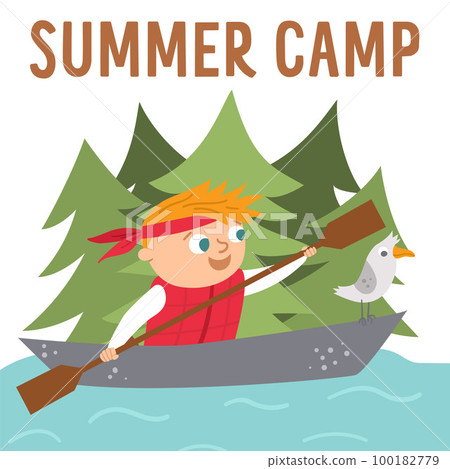 Summer camp card with cute kid doing camping activity. Vector square print template with rafting child in a boat with seagull. Active holidays or local tourism design for postcards, ads Summer camp card with cute kid doing camping activity. Vector square print template with rafting child in a boat with seagull. Active holidays or local tourism design for postcards, ads 100182779