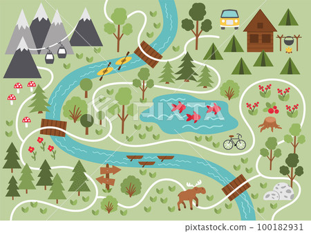 Camping map. Summer camp background. Vector nature clip art or infographic elements with mountains, trees, forest, moose, river, bike, cable car. Hiking, trekking or campfire plan. Camping map. Summer camp background. Vector nature clip art or infographic elements with mountains, trees, forest, moose, river, bike, cable car. Hiking, trekking or campfire plan. 100182931