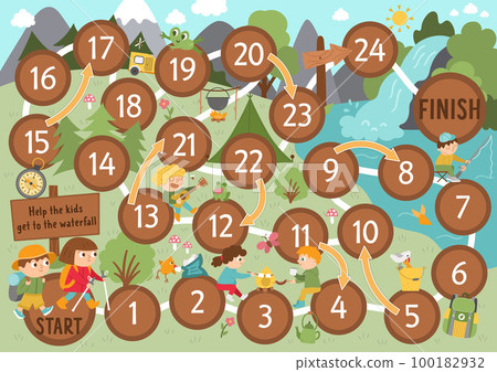 Summer camp dice board game for children with cute animals and kids. Active holidays boardgame with hiking children going to waterfall. Family trip activity. Nature outdoor printable worksheet 100182932