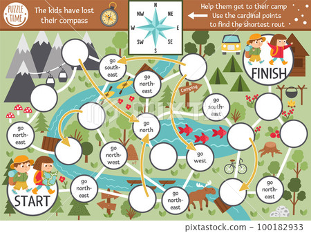 Summer camp dice board game for children with map and compass points. Active holidays boardgame with hiking children going to the camp. Family trip activity. Nature outdoor printable worksheet Summer camp dice board game for children with map and compass points. Active holidays boardgame with hiking children going to the camp. Family trip activity. Nature outdoor printable worksheet 100182933