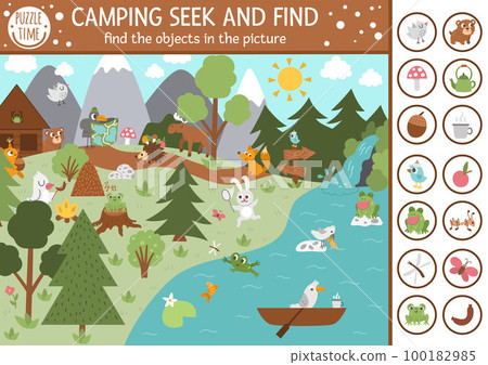 Vector camping searching game with cute animals in the forest. Spot hidden objects in the picture. Simple seek and find summer camp or woodland educational printable activity for kids 100182985