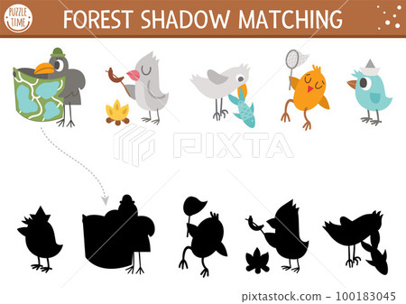 Forest or camping shadow matching activity with cute animals. Family nature trip puzzle with birds, raven with map, seagull with fish. Find the correct silhouette printable worksheet or game. 100183045
