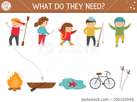 Summer camp matching activity with cute children. Family nature trip puzzle. Kids with paddle, rod, helmet. Find the correct object printable worksheet or game with boat, fire, bicycle. 100183048