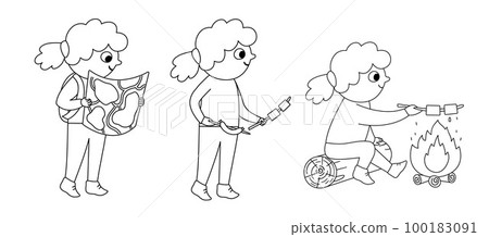 Black and white girl doing summer activities. Cute outline kid walking with map and sitting in front of the fire with marshmallow and sausage. Vector summer camp set. Camping character icon Black and white girl doing summer activities. Cute outline kid walking with map and sitting in front of the fire with marshmallow and sausage. Vector summer camp set. Camping character icon 100183091
