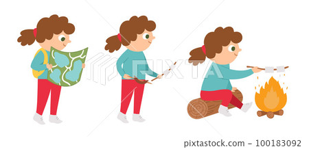 Girl doing summer activities. Cute kid walking with map and sitting in front of the fire with marshmallow and sausage. Vector summer camp set. Camping character. Woodland travel tourist icon Girl doing summer activities. Cute kid walking with map and sitting in front of the fire with marshmallow and sausage. Vector summer camp set. Camping character. Woodland travel tourist icon 100183092
