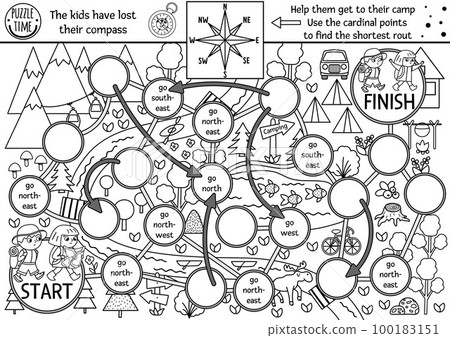 Black and white summer camp dice board game for children with map, compass points. Active holidays outline boardgame with hiking children going to camp. Family road trip activity or coloring page 100183151