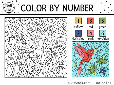 Vector tropical color by number activity with paradise bird, palm tree leaves and flower. Summer coloring and counting game with cute animal. Funny exotic coloration page for kids. 100183164