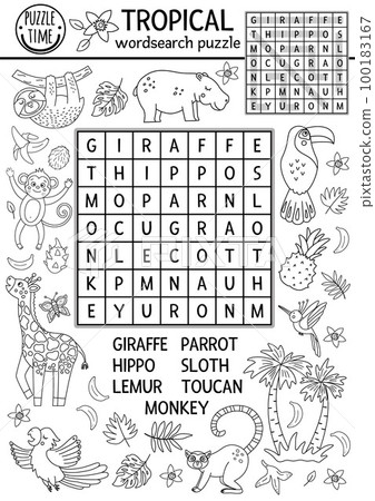 Vector black and white tropical wordsearch puzzle for kids. Simple summer crossword with exotic animals and birds for children. Keyword activity with cute funny giraffe, hippo, parrot, monkey Vector black and white tropical wordsearch puzzle for kids. Simple summer crossword with exotic animals and birds for children. Keyword activity with cute funny giraffe, hippo, parrot, monkey 100183167