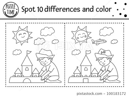 Summer find differences game for children with cute kid building sandcastle. Beach holidays black and white activity and coloring page with funny boy and sun. Printable worksheet. 100183172