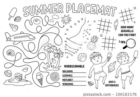 Vector summer placemat for kids. Beach holidays printable activity mat with difference searching, dot-to-dot, maze. Black and white play mat or coloring page with cute children, ice-cream, seashell. Vector summer placemat for kids. Beach holidays printable activity mat with difference searching, dot-to-dot, maze. Black and white play mat or coloring page with cute children, ice-cream, seashell. 100183176