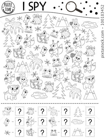 Forest I spy black and white game for kids. Searching and counting outline activity or coloring page with woodland animals and nature elements. Funny printable worksheet for kids with birds, insects. 100183452