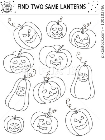 Find two same jack-o-lanterns. Black and white Halloween matching activity. Funny outline autumn quiz worksheet or coloring page for kids. Simple printable game with pumpkin lanterns 100183766