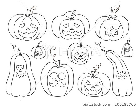 Vector black and white jack-o-lanterns set. Outline Halloween party illustration or coloring page with funny pumpkin lanterns. Scary design for Autumn Samhain party. All saints day elements. 100183769