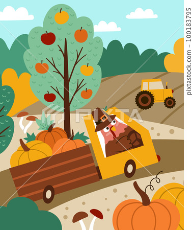 Autumn landscape scene with fields, harvest, nature, turkey driving truck. Comic Thanksgiving card with cute bird, pumpkins. Vector vertical print template design for postcards, invitations Autumn landscape scene with fields, harvest, nature, turkey driving truck. Comic Thanksgiving card with cute bird, pumpkins. Vector vertical print template design for postcards, invitations 100183795