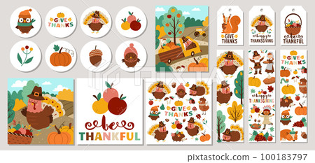 Cute set of Thanksgiving cards with turkey, forest animals, harvest, pilgrims. Vector autumn holiday square, round, vertical print templates. Fall design for tags, postcards, ads 100183797