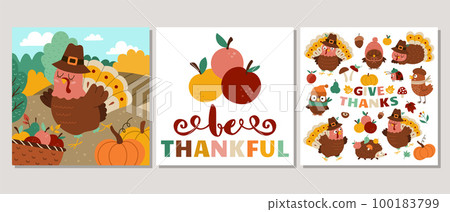 Cute set of square Thanksgiving cards with turkey, forest animals, harvest. Vector autumn holiday print templates with cute rural scene. Fall design for tags, postcards, invitations, ads 100183799